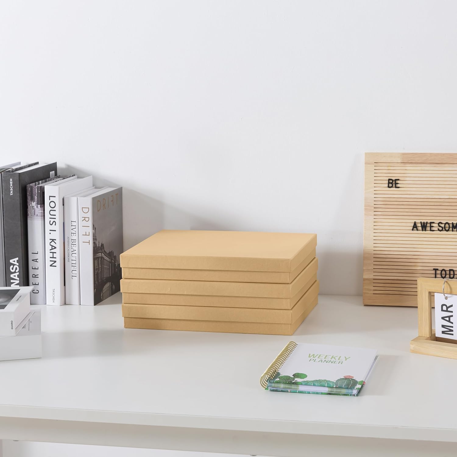 Letter Size Document Storage Boxes with Lids. Set of 3. Kraft | Flat Cardboard Paper Organizers for Letters. Files. Photos and Crafts. Stackable Office Keepsake Storage for Manuscripts