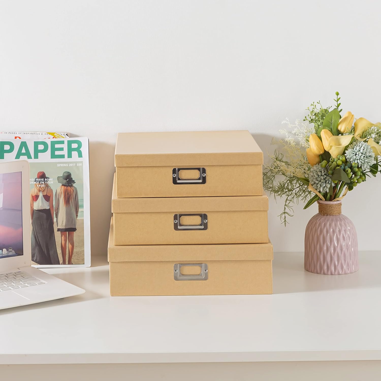 Kraft Storage Boxes with Lids. Set of 3. Just the Basics | Decorative Paper Storage Box Set for Photos. Documents and Keepsakes. Large Cardboard Office Organizers for Home Decor