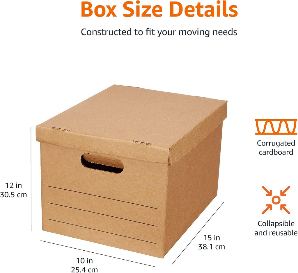 Basics Moving and Storage Boxes with Handles and Lift-Off Lids. File Storage. Collapsible. 15x10x12 in. Brown. 20-Pack
