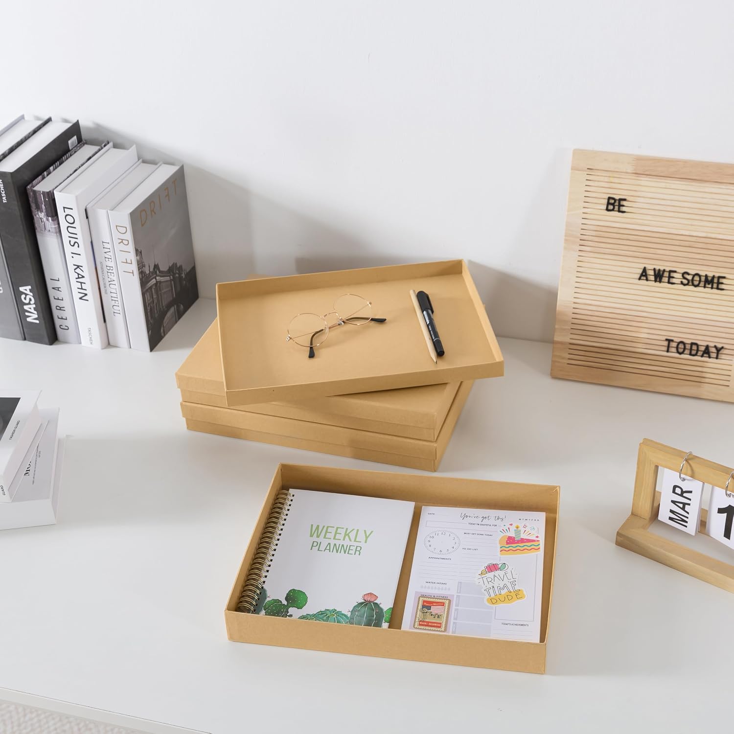 Letter Size Document Storage Boxes with Lids. Set of 3. Kraft | Flat Cardboard Paper Organizers for Letters. Files. Photos and Crafts. Stackable Office Keepsake Storage for Manuscripts