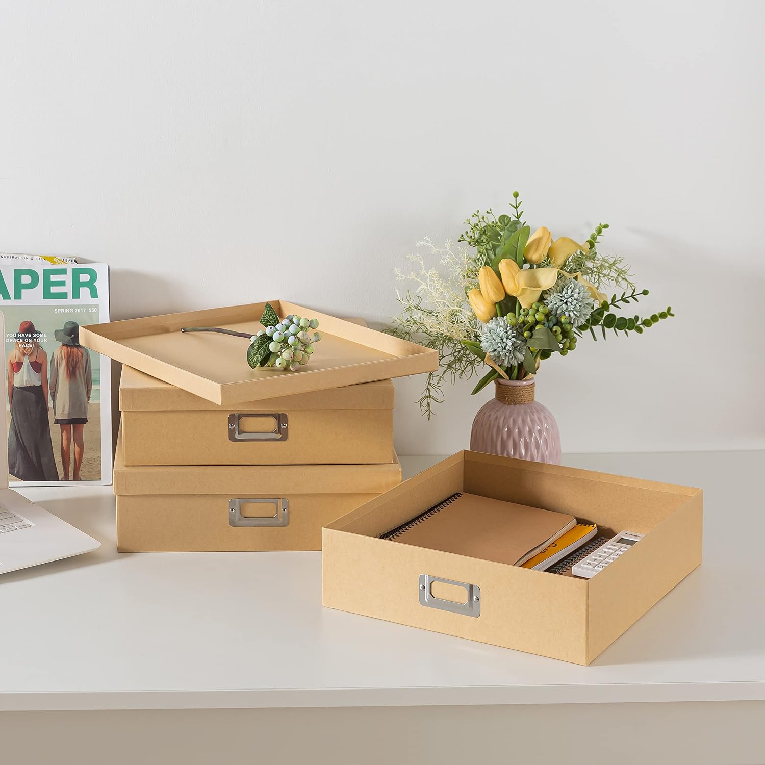 Kraft Storage Boxes with Lids. Set of 3. Just the Basics | Decorative Paper Storage Box Set for Photos. Documents and Keepsakes. Large Cardboard Office Organizers for Home Decor