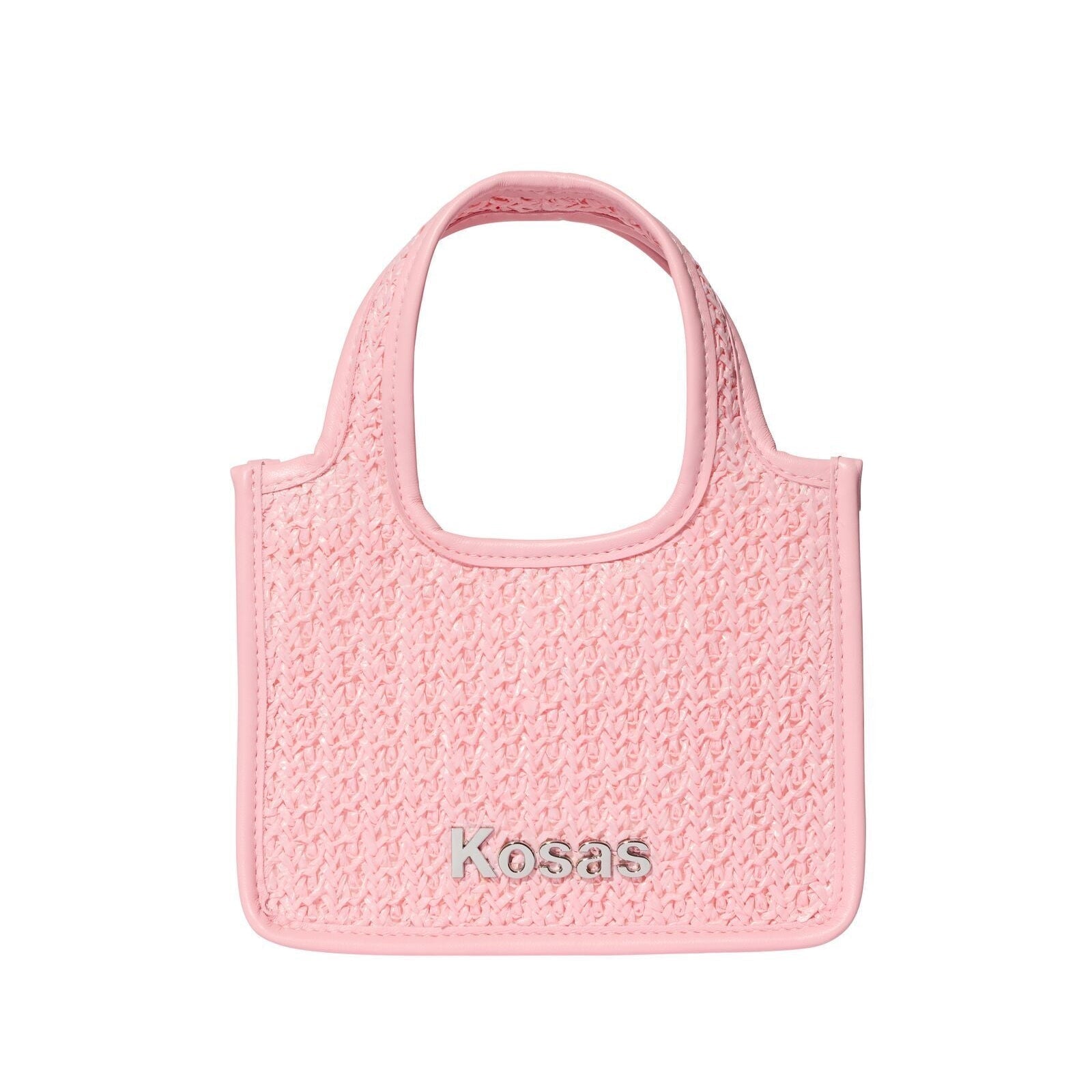 Pink textured handbag with 'Kosas' branding on a white background